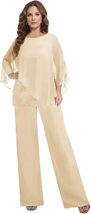 3 Pieces Mother of The Bride Pant Suits for Women Dressy Chiffon Lace Womens Formal Outfit