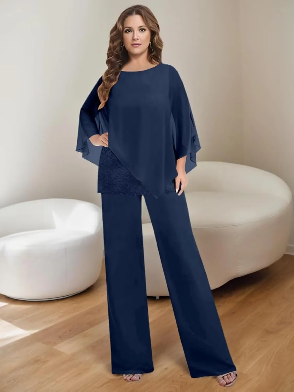 3 Pieces Mother of The Bride Pant Suits for Women Dressy Chiffon Lace Womens Formal Outfit