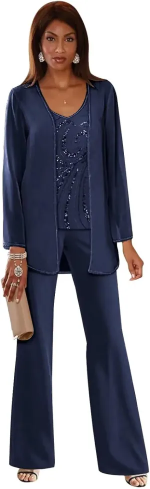 3 Pieces Mother of The Bride Pant Suits Sequin Chiffon Pant Suits for Wedding Formal Women