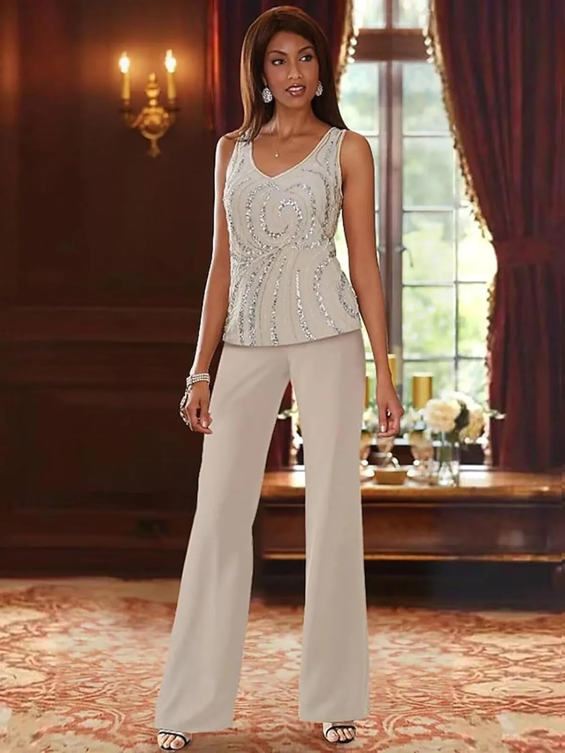 3 Pieces Mother of The Bride Pant Suits Sequin Chiffon Pant Suits for Wedding Formal Women
