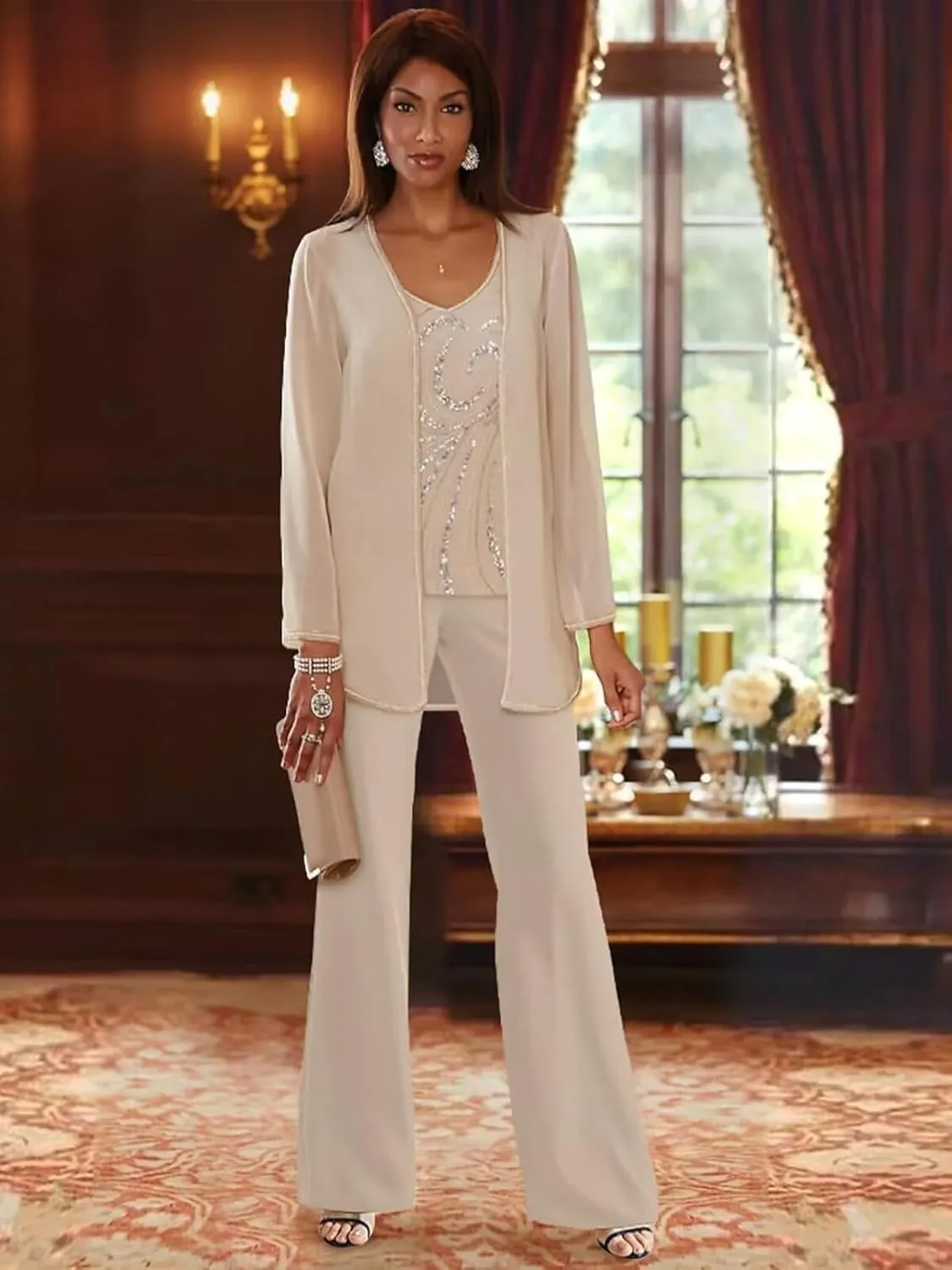 3 Pieces Mother of The Bride Pant Suits Sequin Chiffon Pant Suits for Wedding Formal Women