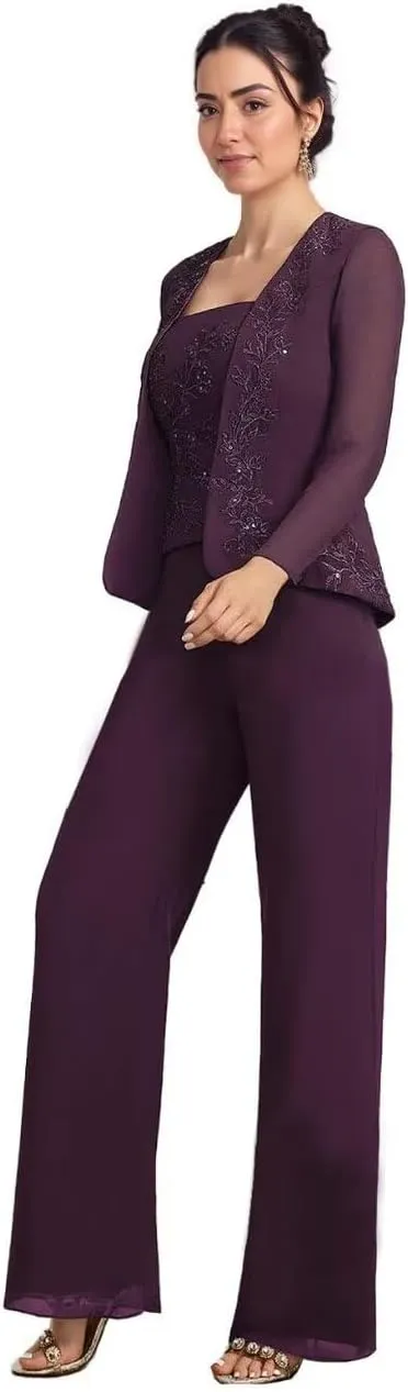 3 Pieces Mother of The Bride Pant Suits with Jacket Chiffon Appliques Formal Pant Suits for Women Wedding Guest Outfits