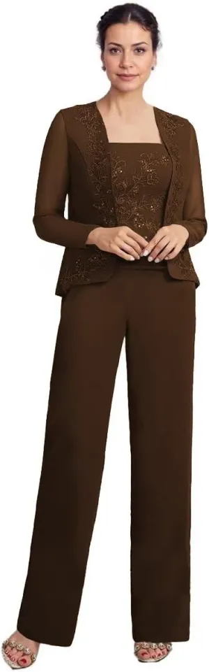 3 Pieces Mother of The Bride Pant Suits with Jacket Chiffon Appliques Formal Pant Suits for Women Wedding Guest Outfits