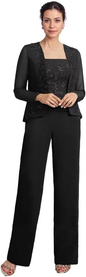 3 Pieces Mother of The Bride Pant Suits with Jacket Chiffon Appliques Formal Pant Suits for Women Wedding Guest Outfits