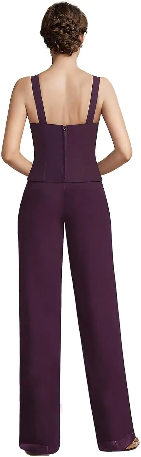 3 Pieces Mother of The Bride Pant Suits with Jacket Chiffon Appliques Formal Pant Suits for Women Wedding Guest Outfits