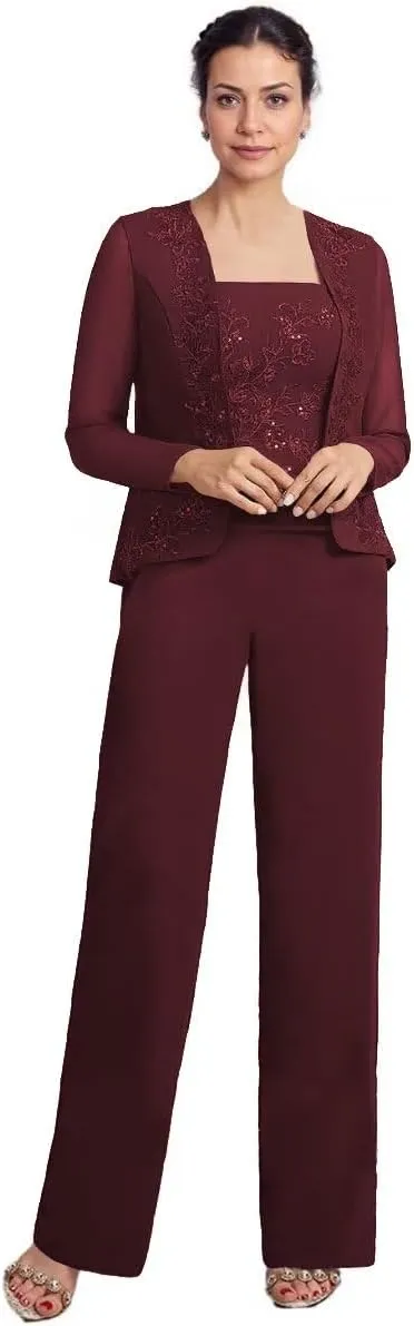 3 Pieces Mother of The Bride Pant Suits with Jacket Chiffon Appliques Formal Pant Suits for Women Wedding Guest Outfits