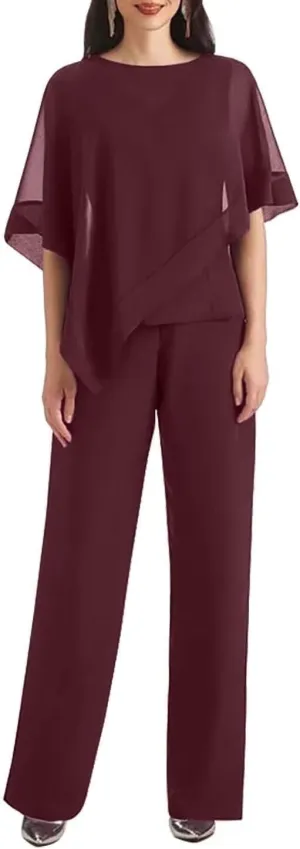 3 Pieces Pantsuits for Women with Cape Sleeve Jacket Chiffon Mother of The Bride Pant Suits Formal Evening Dresses