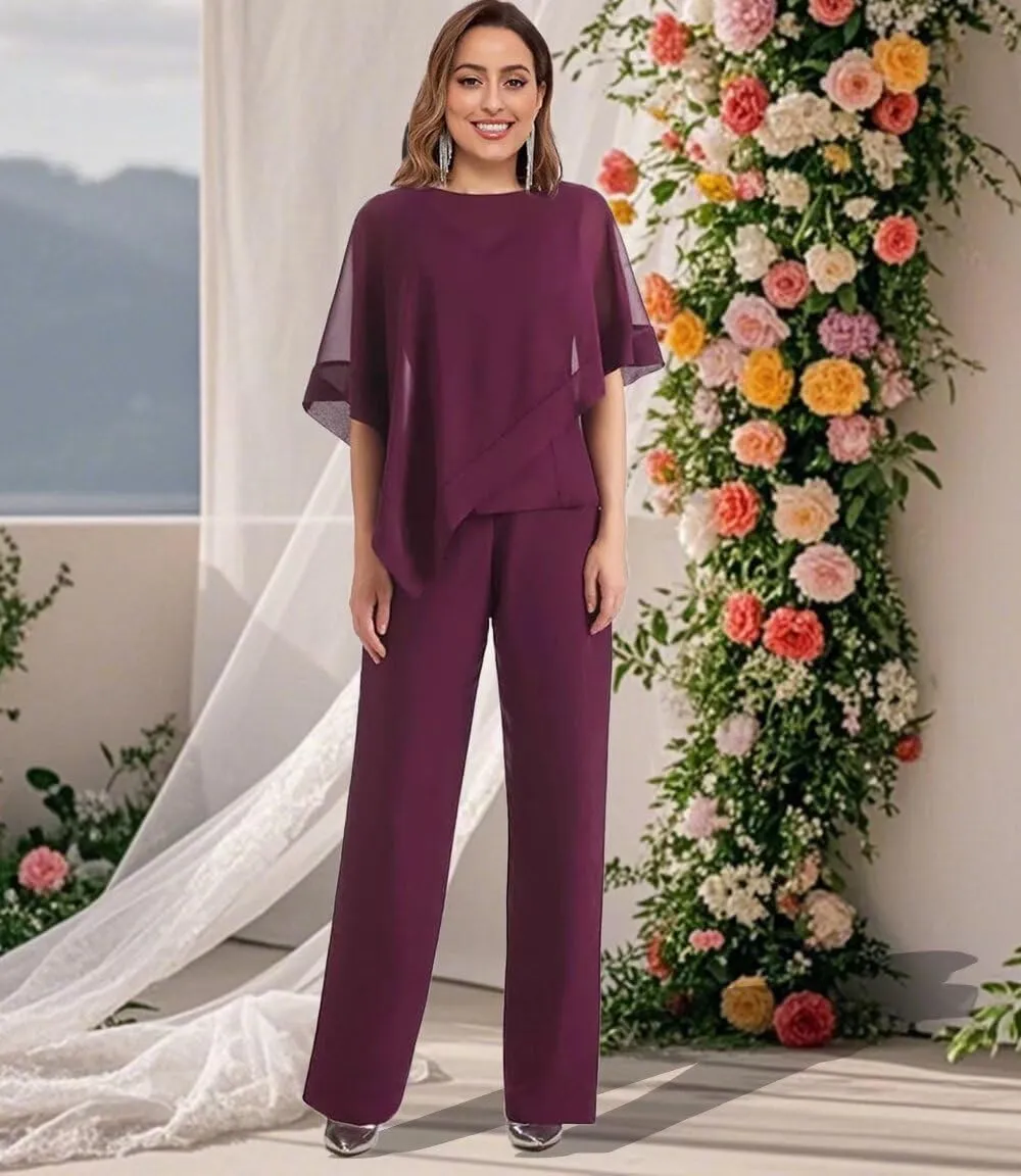 3 Pieces Pantsuits for Women with Cape Sleeve Jacket Chiffon Mother of The Bride Pant Suits Formal Evening Dresses
