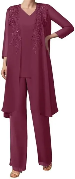 3 Pieces Sequins Mother of The Bride Dress Pant Suits Chiffon Lace Long Formal Evening Gowns with Jacket