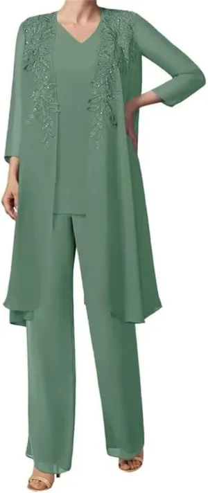 3 Pieces Sequins Mother of The Bride Dress Pant Suits Chiffon Lace Long Formal Evening Gowns with Jacket