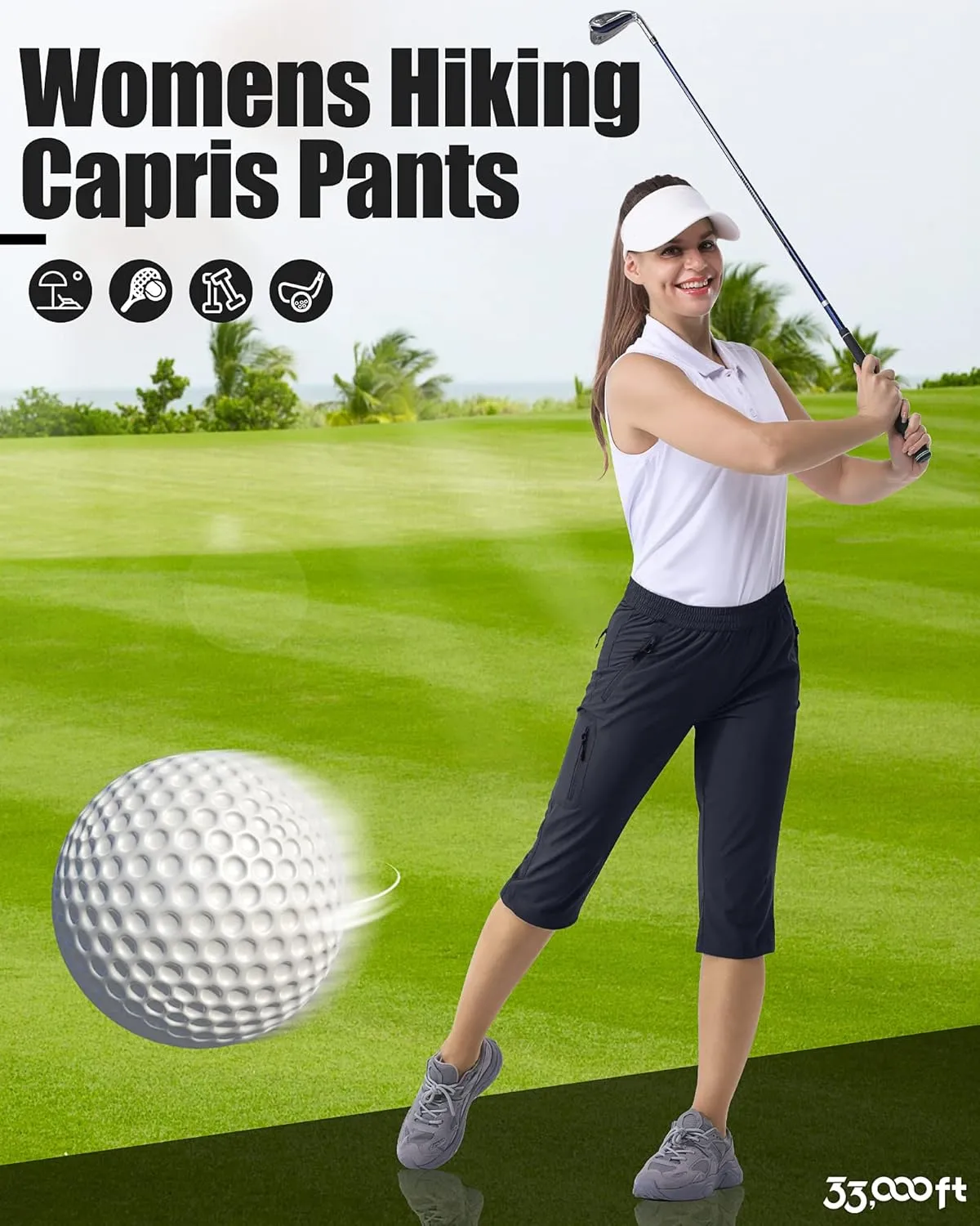 33,000ft Women's Capri Golf Pants Casual Quick Dry UPF 50  Lightweight Stretch Cargo Hiking Pants with Pockets