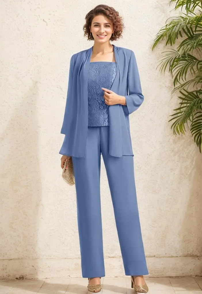 3Pcs Mother of The Bride Dress Pantsuit for Wedding Long Sleeve Formal Pant Suit with Jacket