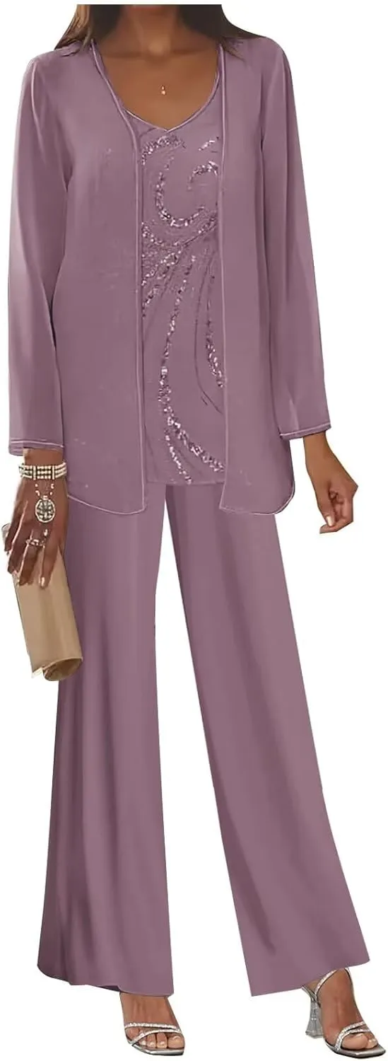 3Pcs Mother of The Bride Dress Pantsuit for Wedding Long Sleeve Lace Formal Outfit with Jacket