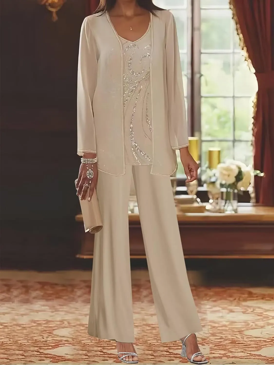 3Pcs Mother of The Bride Dress Pantsuit for Wedding Long Sleeve Lace Formal Outfit with Jacket