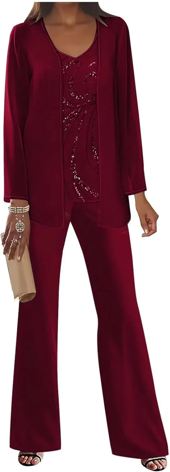 3Pcs Mother of The Bride Dress Pantsuit for Wedding Long Sleeve Lace Formal Outfit with Jacket