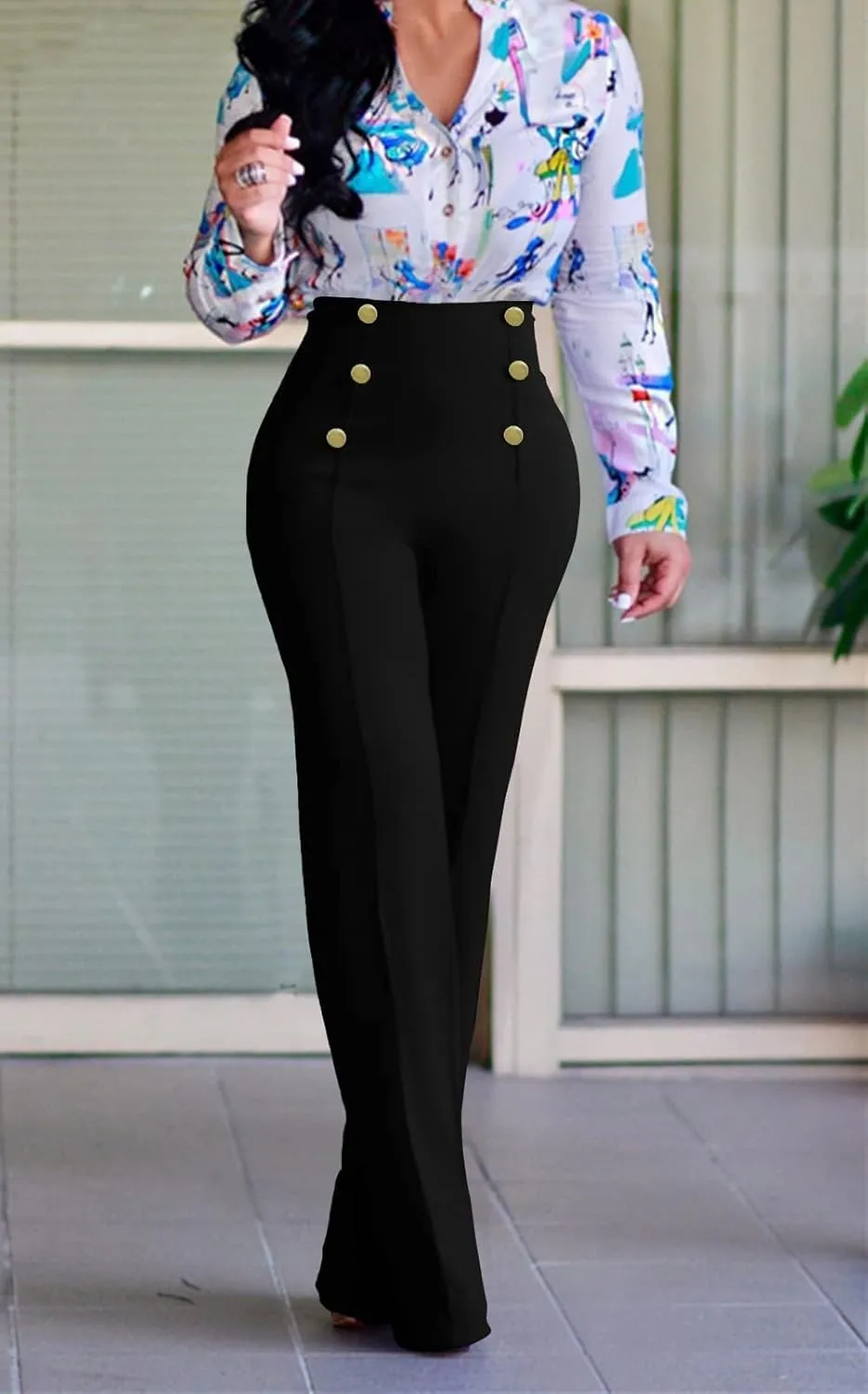A ADILACA Women's 6-Button Trousers, Casual Work Office Basic Flare Dress Pants, High Waist Straight-Leg Long Pants