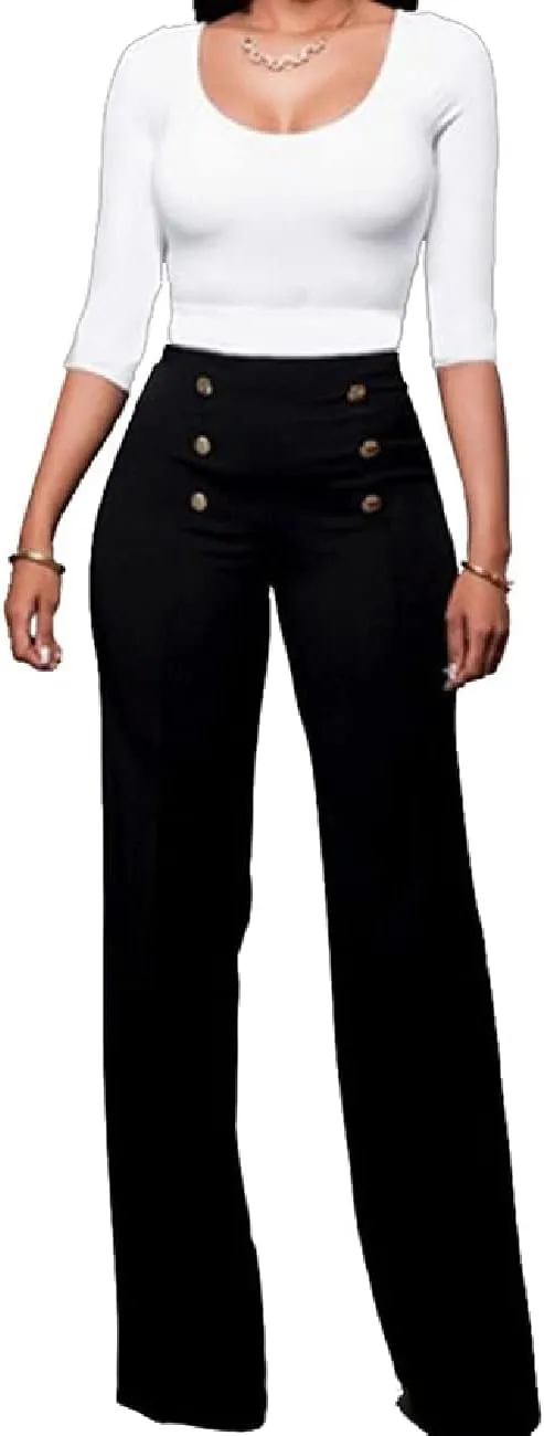 A ADILACA Women's 6-Button Trousers, Casual Work Office Basic Flare Dress Pants, High Waist Straight-Leg Long Pants