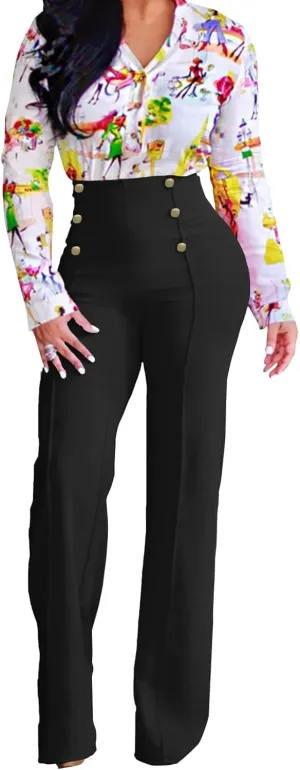 A ADILACA Women's 6-Button Trousers, Casual Work Office Basic Flare Dress Pants, High Waist Straight-Leg Long Pants
