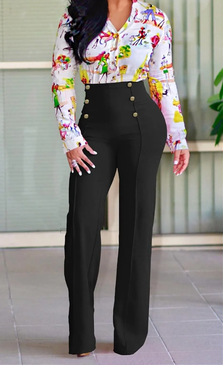 A ADILACA Women's 6-Button Trousers, Casual Work Office Basic Flare Dress Pants, High Waist Straight-Leg Long Pants