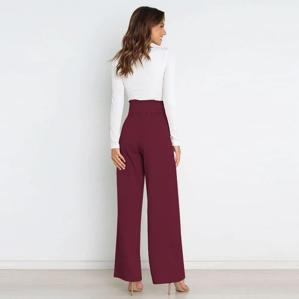 ABAFIP Women's High Waist Wide Leg Pants Business Work Office Casual Flared Palazzo Long Pants Belted Trousers