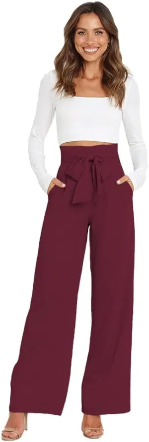 ABAFIP Women's High Waist Wide Leg Pants Business Work Office Casual Flared Palazzo Long Pants Belted Trousers