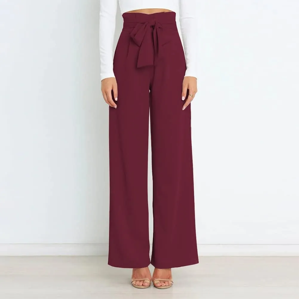 ABAFIP Women's High Waist Wide Leg Pants Business Work Office Casual Flared Palazzo Long Pants Belted Trousers