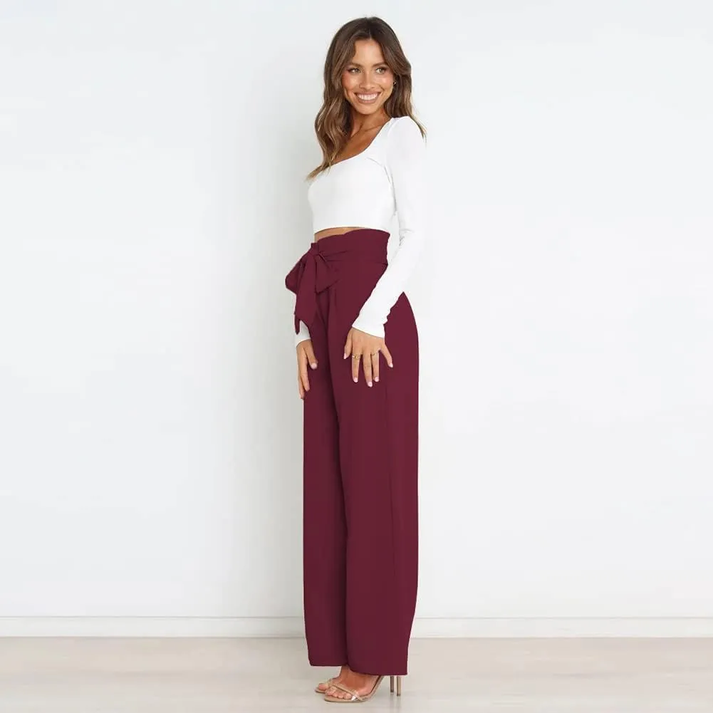 ABAFIP Women's High Waist Wide Leg Pants Business Work Office Casual Flared Palazzo Long Pants Belted Trousers