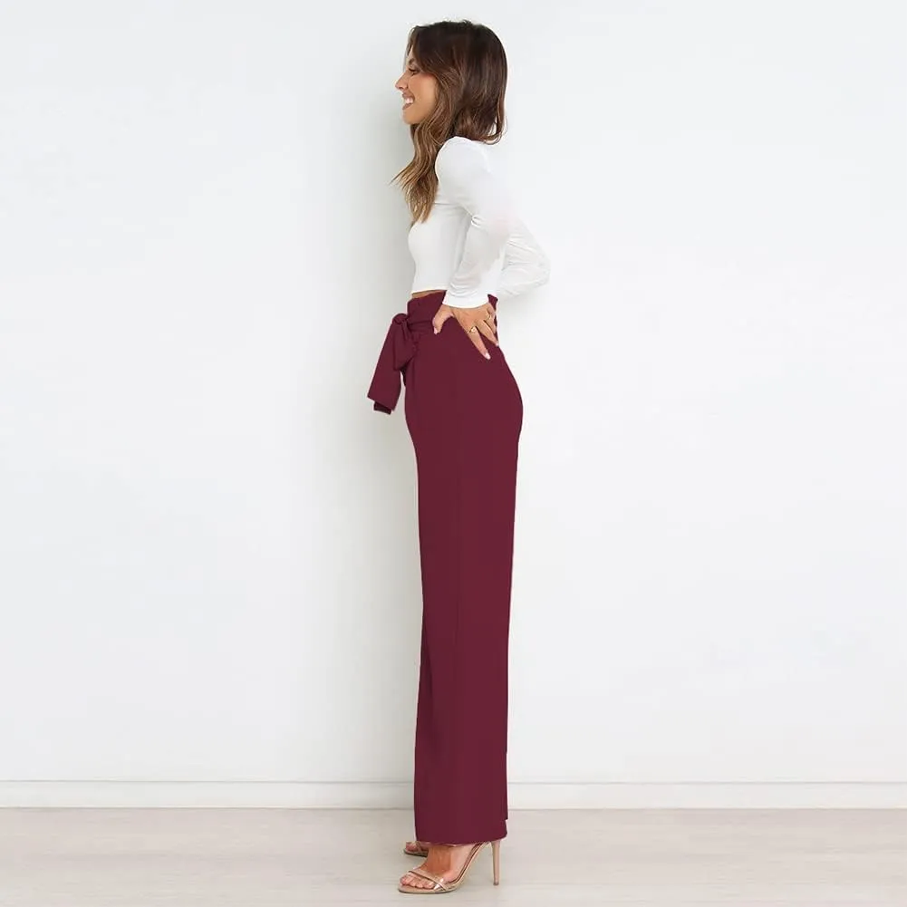 ABAFIP Women's High Waist Wide Leg Pants Business Work Office Casual Flared Palazzo Long Pants Belted Trousers