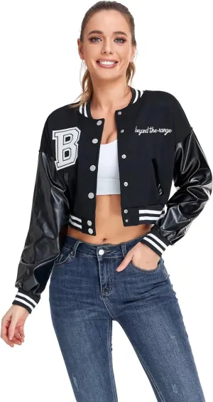 ACEFAST INC Womens Crop Varsity Jacket Letterman Baseball Jacket Bomber Vintage Y2k Streetwear Short Coat