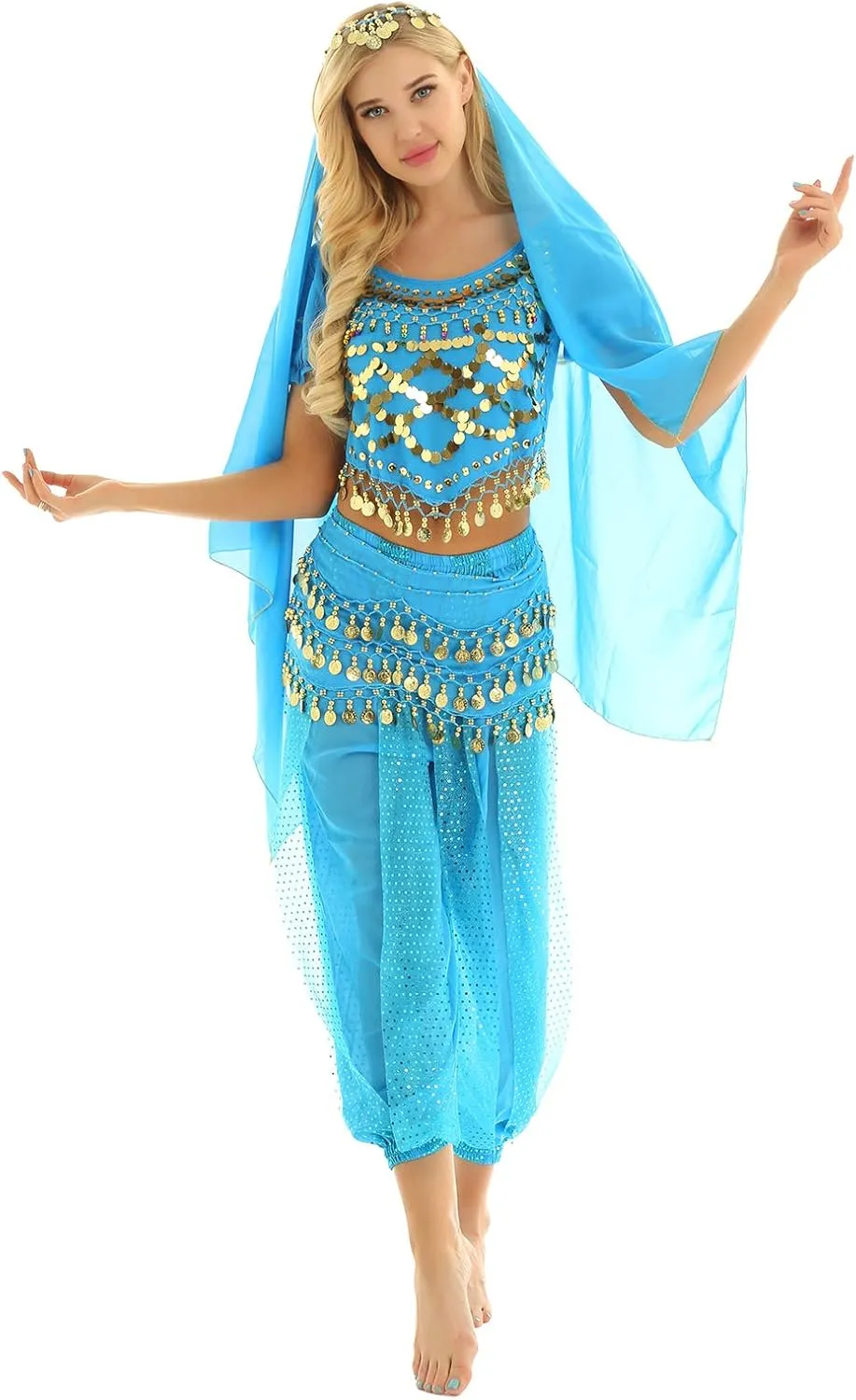 ACSUSS Womens Belly Dance Outfits Sequins Top with Harem Pants Set Hip Scarf Dance Costume
