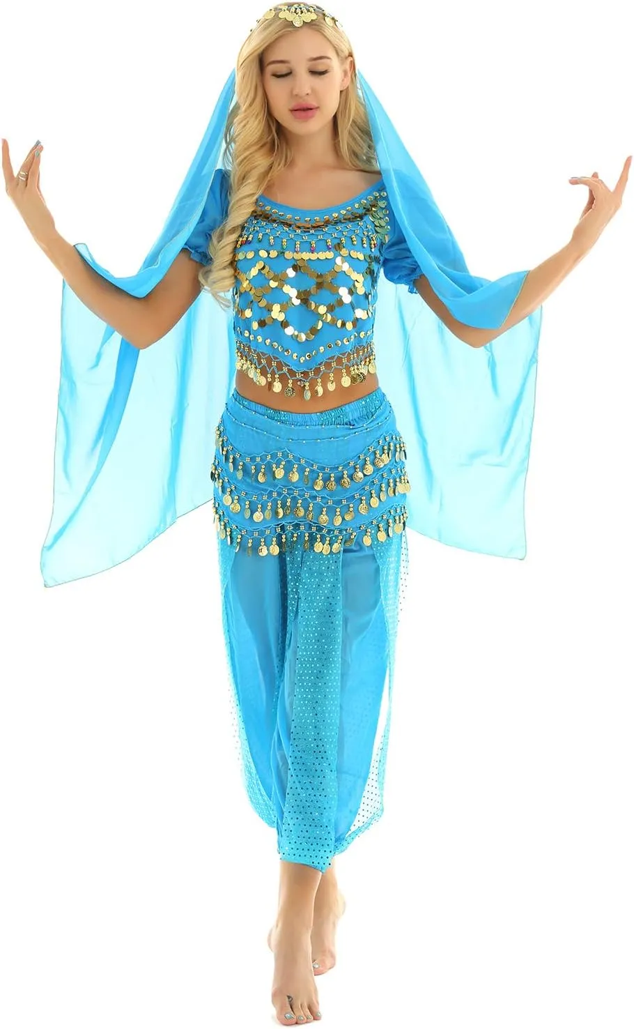 ACSUSS Womens Belly Dance Outfits Sequins Top with Harem Pants Set Hip Scarf Dance Costume