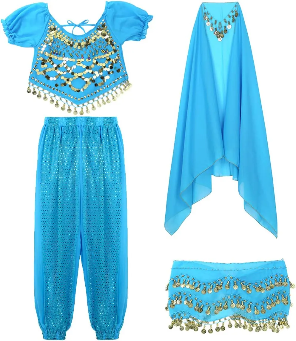 ACSUSS Womens Belly Dance Outfits Sequins Top with Harem Pants Set Hip Scarf Dance Costume