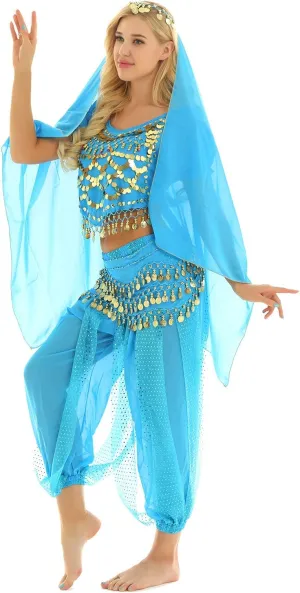 ACSUSS Womens Belly Dance Outfits Sequins Top with Harem Pants Set Hip Scarf Dance Costume