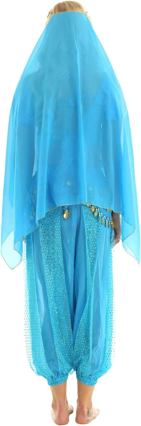ACSUSS Womens Belly Dance Outfits Sequins Top with Harem Pants Set Hip Scarf Dance Costume