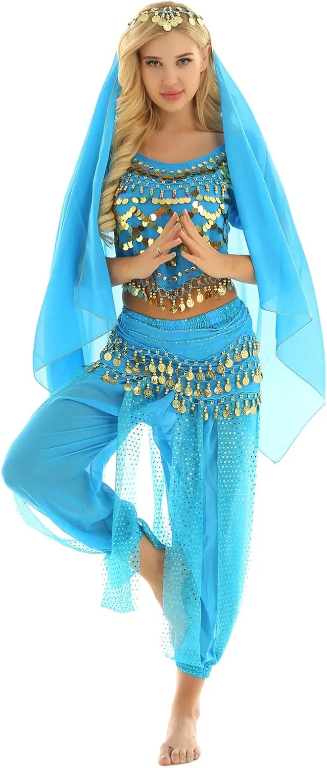ACSUSS Womens Belly Dance Outfits Sequins Top with Harem Pants Set Hip Scarf Dance Costume