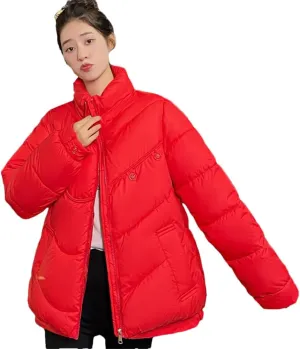 Adhdyuud Women Casual Loose Cotton-Padded Coat With Pocket Casual Turtleneck Warm Outwear Tops