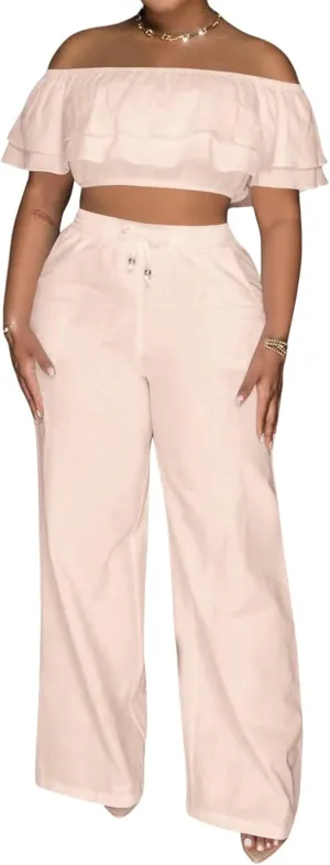 Adogirl 2 Piece Outfits For Women Off Shoulder Ruffle Trim Short Sleeve Top Wide Leg Pants Sets Sexy Outfits