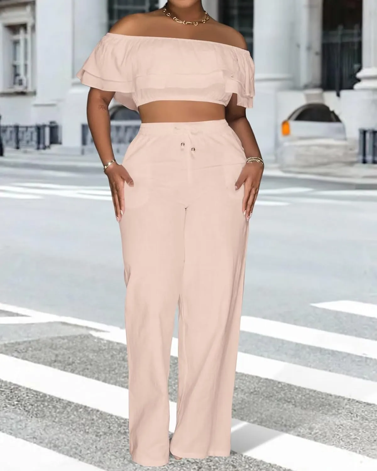 Adogirl 2 Piece Outfits For Women Off Shoulder Ruffle Trim Short Sleeve Top Wide Leg Pants Sets Sexy Outfits