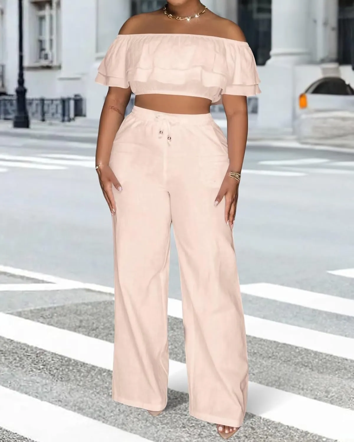 Adogirl 2 Piece Outfits For Women Off Shoulder Ruffle Trim Short Sleeve Top Wide Leg Pants Sets Sexy Outfits
