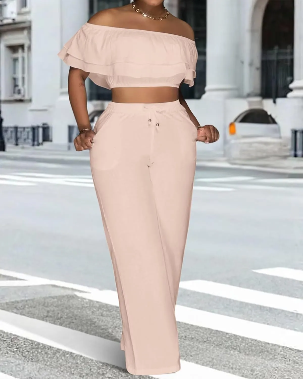 Adogirl 2 Piece Outfits For Women Off Shoulder Ruffle Trim Short Sleeve Top Wide Leg Pants Sets Sexy Outfits