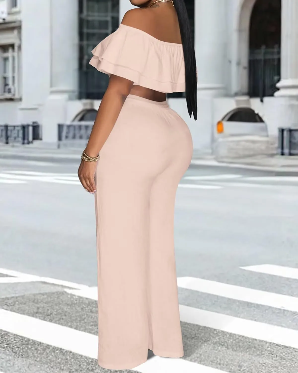 Adogirl 2 Piece Outfits For Women Off Shoulder Ruffle Trim Short Sleeve Top Wide Leg Pants Sets Sexy Outfits