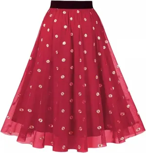 Adult A-line Tulle Skirt Bridesmaid Pleated Skirt for Women High Waist Layered Skirt Floral Print Mesh Midi Skirts