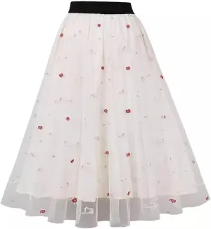 Adult A-line Tulle Skirt Bridesmaid Pleated Skirt for Women High Waist Layered Skirt Floral Print Mesh Midi Skirts