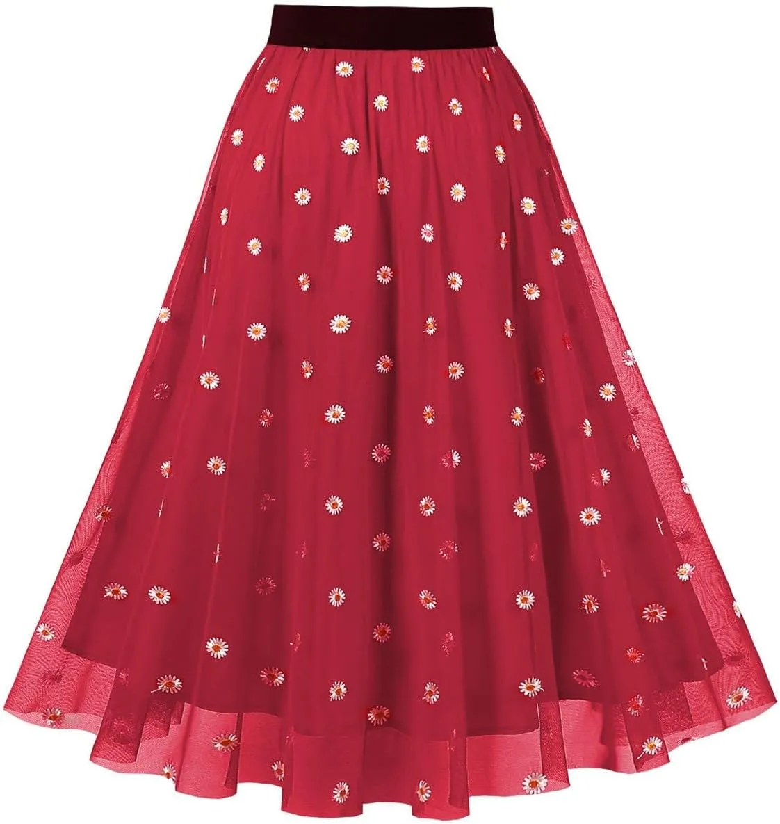 Adult A-line Tulle Skirt Bridesmaid Pleated Skirt for Women High Waist Layered Skirt Floral Print Mesh Midi Skirts