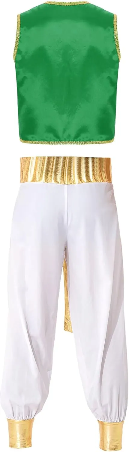 Adult Arabian Prince Street Dance Costume Silky Waistcoat Top with Harem Pants for Cosplay