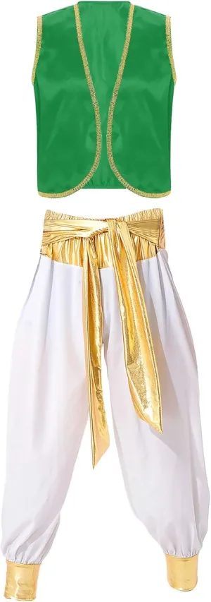 Adult Arabian Prince Street Dance Costume Silky Waistcoat Top with Harem Pants for Cosplay