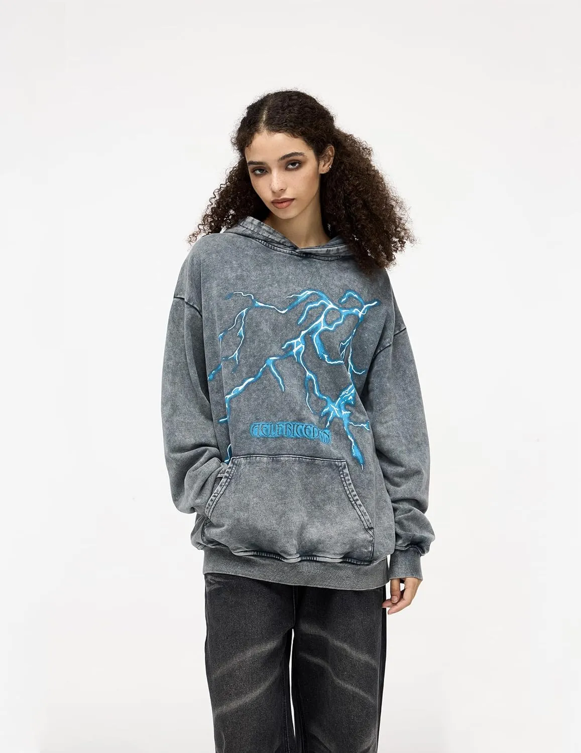Aelfric Eden Mens Lightning Graphic Hoodies Print Oversized Unisex Streetwear Vintage Hoodie Y2k Sweatshirt Pocket Pullover