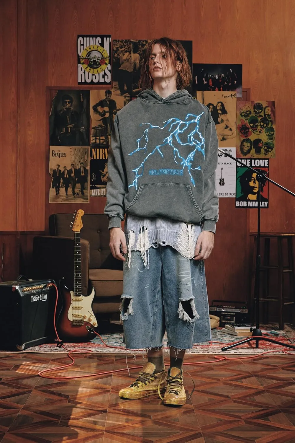 Aelfric Eden Mens Lightning Graphic Hoodies Print Oversized Unisex Streetwear Vintage Hoodie Y2k Sweatshirt Pocket Pullover