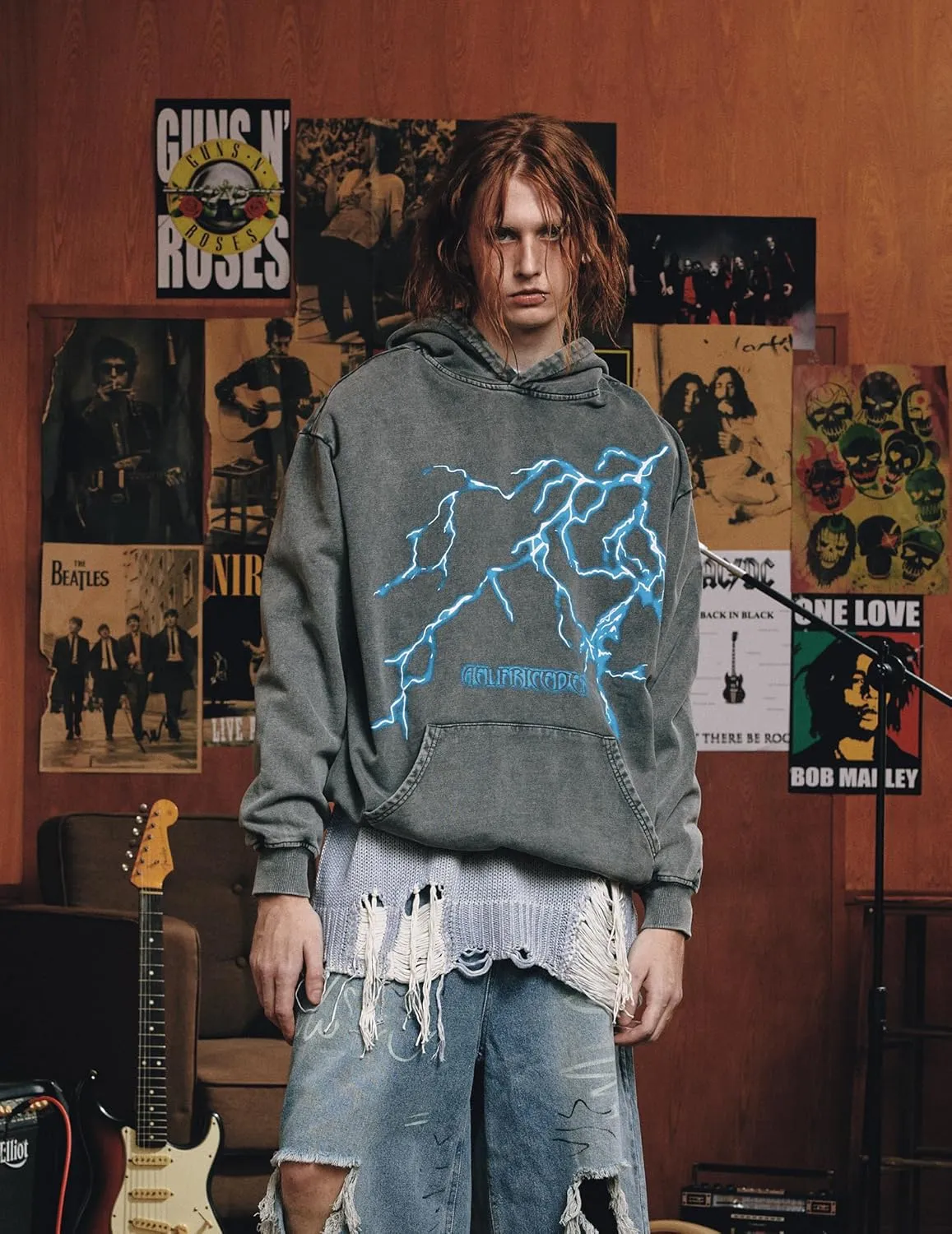 Aelfric Eden Mens Lightning Graphic Hoodies Print Oversized Unisex Streetwear Vintage Hoodie Y2k Sweatshirt Pocket Pullover