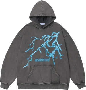 Aelfric Eden Mens Lightning Graphic Hoodies Print Oversized Unisex Streetwear Vintage Hoodie Y2k Sweatshirt Pocket Pullover